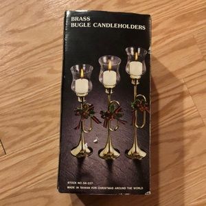 NWOT VTG Set of 3 Brass Bugle Christmas Candle Holders Holiday Boho Holly